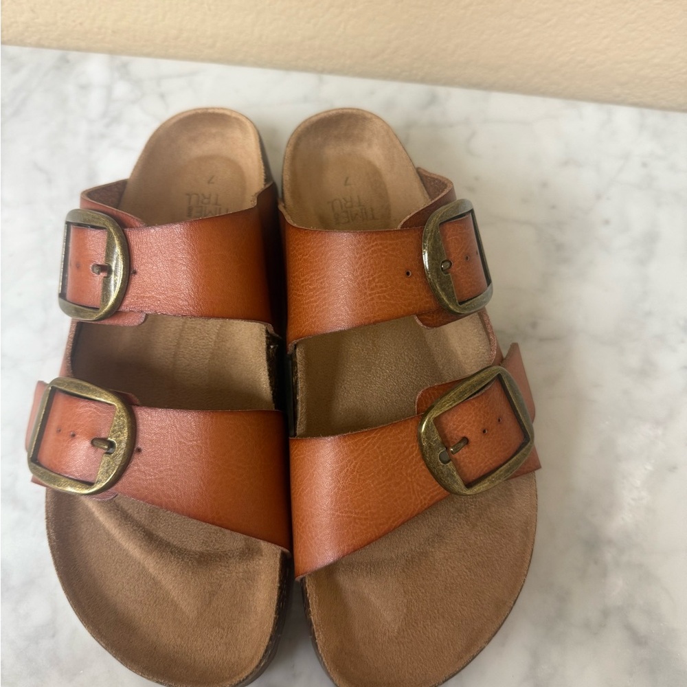 Time and Tru Orange Leather-Look Double Buckle Slide Mules❣️
